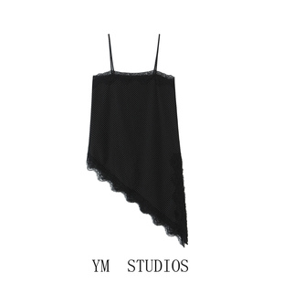 欧美女装   不对称蕾丝拼接小波点印花吊带背心女外穿火辣沙滩装