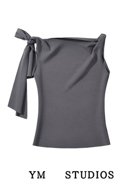 【包邮】辣妹不对称斜肩蝴蝶结飘带饰灰色背心女格雷系外穿吊带衫
