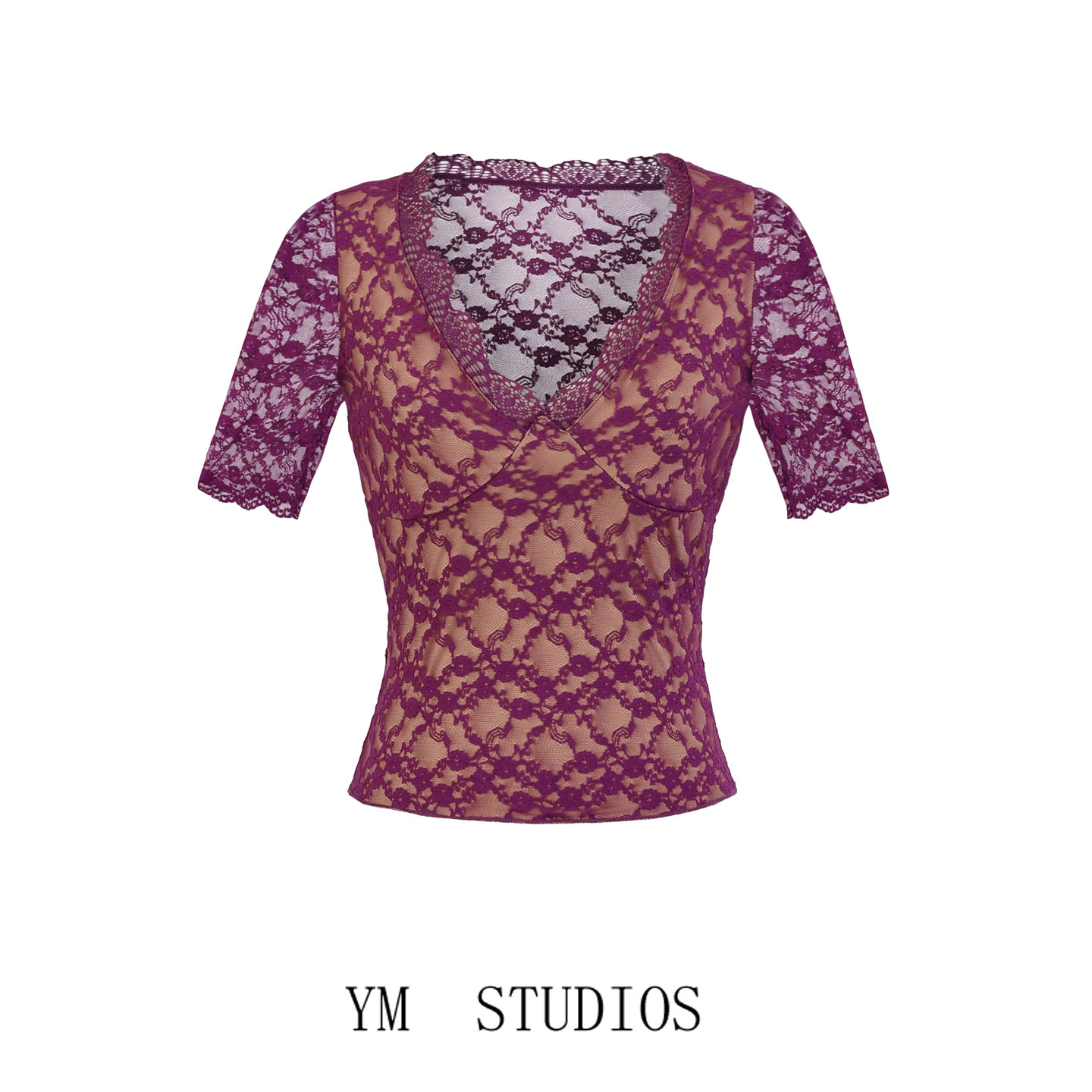 【包邮】纯欲性感深V领蕾丝衫女夏季正肩修身短袖t恤短款轻熟上衣