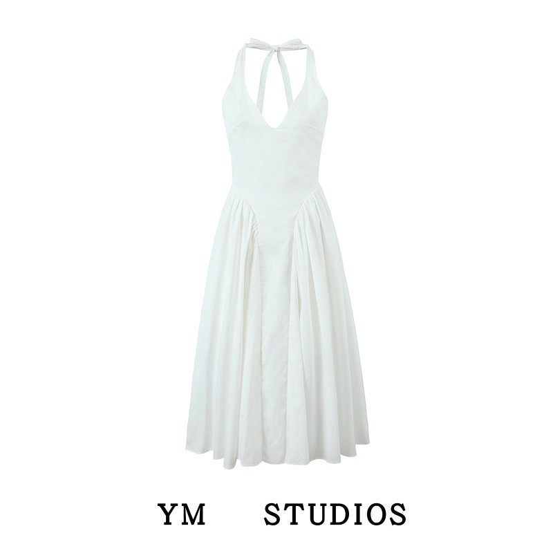 【包邮】仙女风白色挂脖系带长款连衣裙夏季深V领性感礼服吊带裙