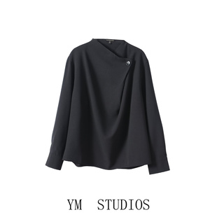 欧美女装   新中式不对称设计长袖衬衫女黑色单粒扣上衣干练正装
