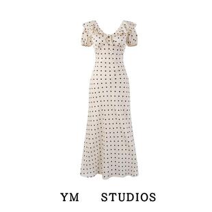 【包邮】法式波点印花荷叶边V领收腰短袖连衣裙温婉夏季长裙子