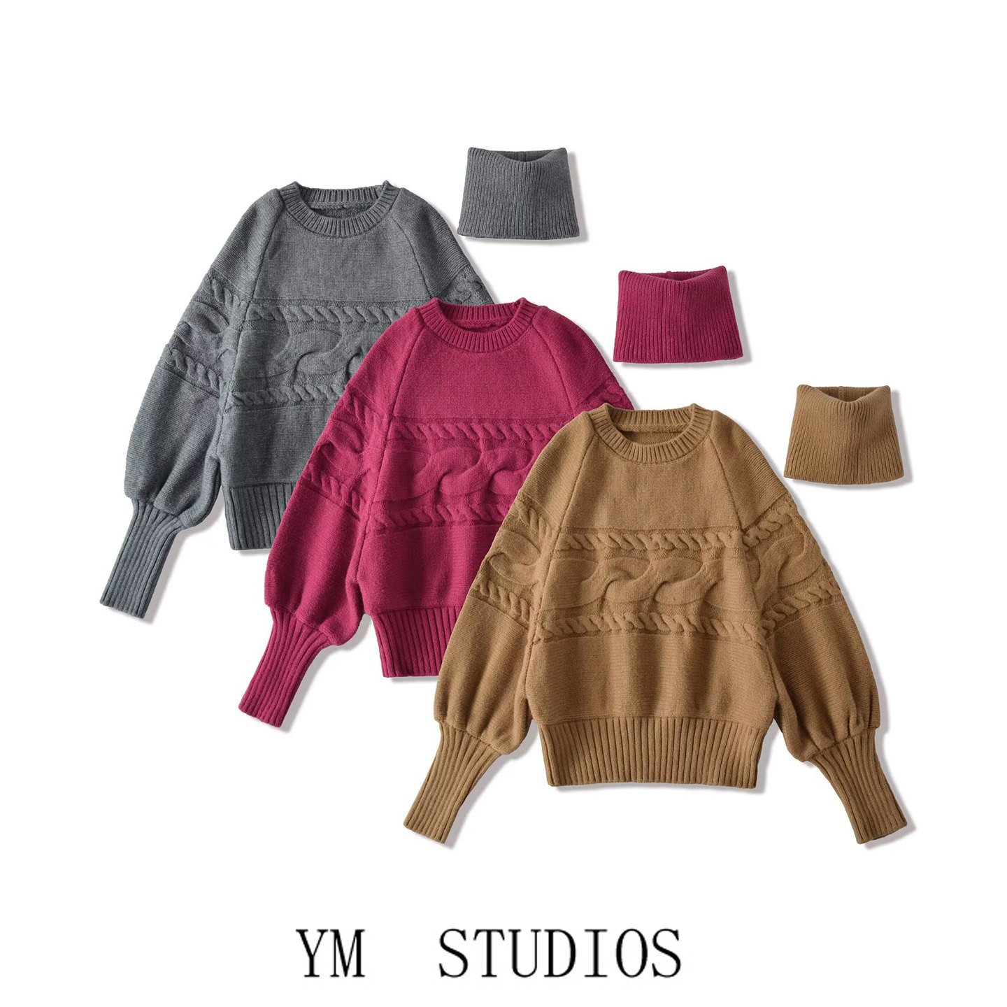 欧美女装   慵懒风高领麻花针织毛衣女宽松套头可拆卸围脖针织衫