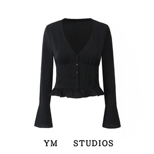 【包邮】ins博主风黑色收腰喇叭袖V领衬衫短款法式辣妹小众打底衫