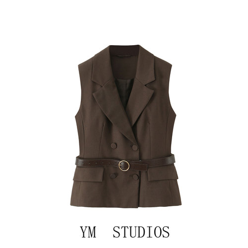 棕色西装腰带饰马甲女无袖