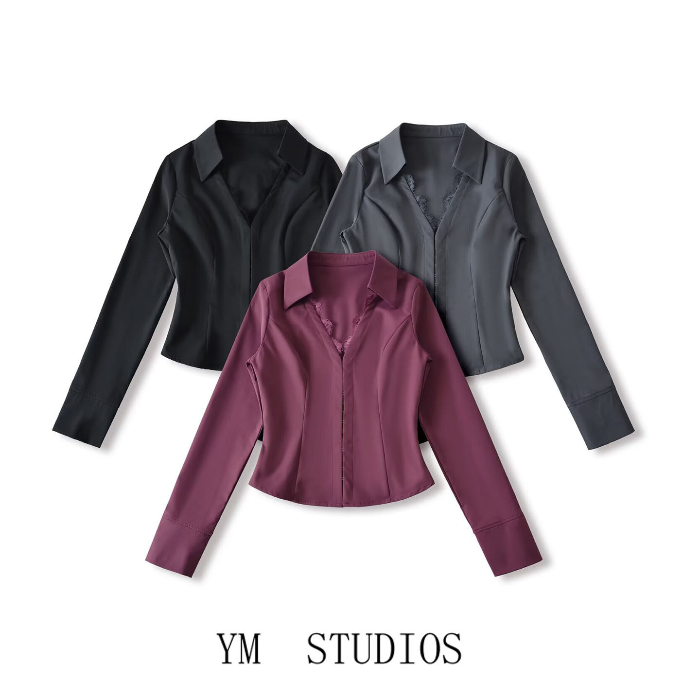 欧美女装   法式蕾丝拼接V领挂钩长袖衬衫女高级感掐腰短款职业衫