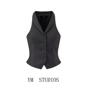 【包邮】复古辣妹风纤瘦少女灰色短款西装马甲夏季修身V领背心潮