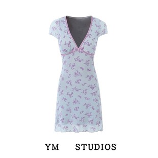 【包邮】美式辣妹风低胸深V领网纱印花连衣裙性感小个子包臀短裙