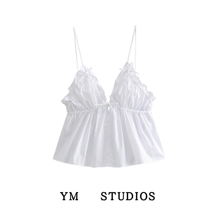 【包邮】欧美甜辣风白色蝴蝶结饰背心性感露背收腰花边吊带外穿女