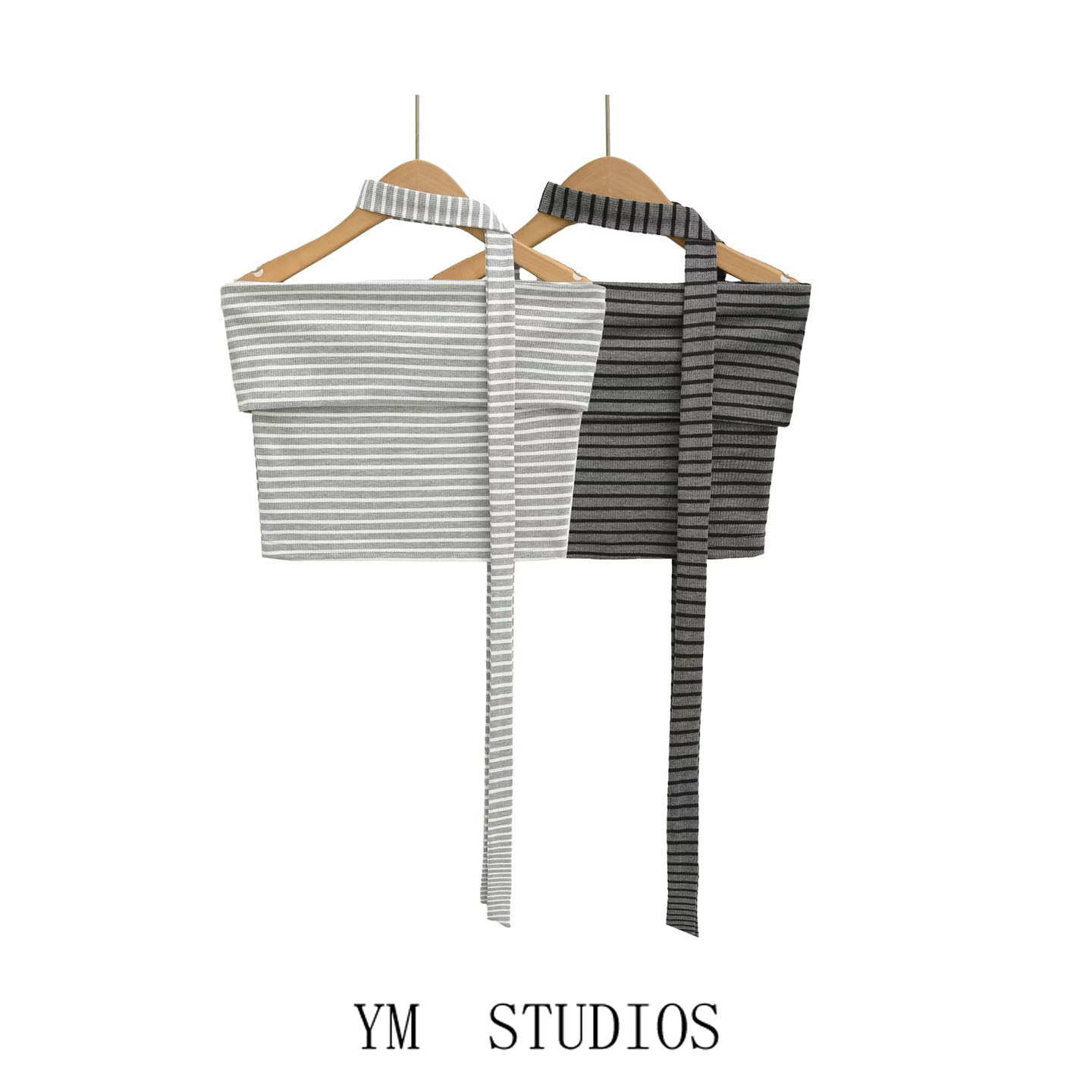 条纹颈饰飘带抹胸背心+翻腰
