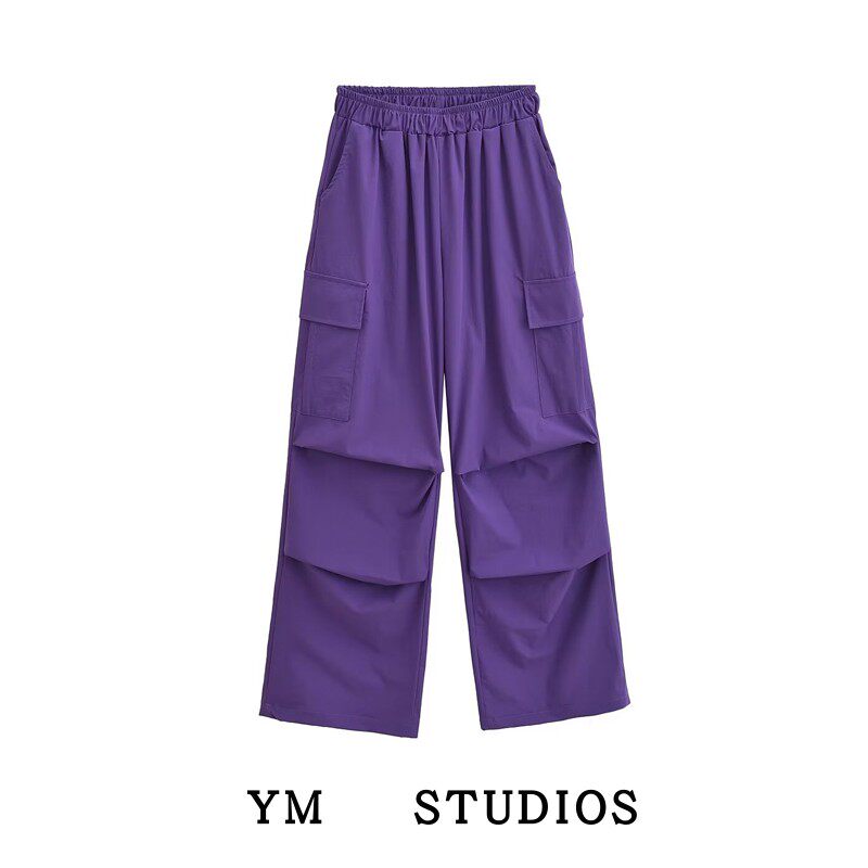 【包邮】紫色松紧腰褶皱宽松工装裤女早秋美式大口袋休闲运动长裤