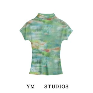 轻薄款 欧美风复古绿色印花压皱面料T恤夏季 高领古典上衣 包邮