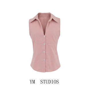 衬衫 BM复古粉色格子无袖 背心女2025夏温柔风翻领排扣上衣 包邮