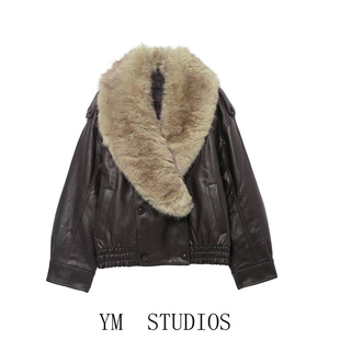 欧美女装   仿皮草大毛领女士皮衣女冬季短款机车风棕色夹克外套