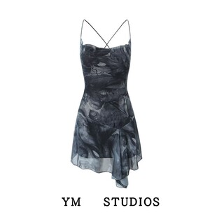 【包邮】ins甜辣风扎染网纱印花吊带裙bm博主性感系绳露背连衣裙