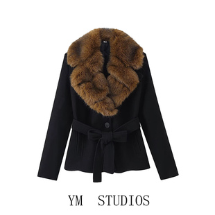 欧美女装  欧美风气质大毛领仿皮草皮草效果呢子大衣女配腰带外套