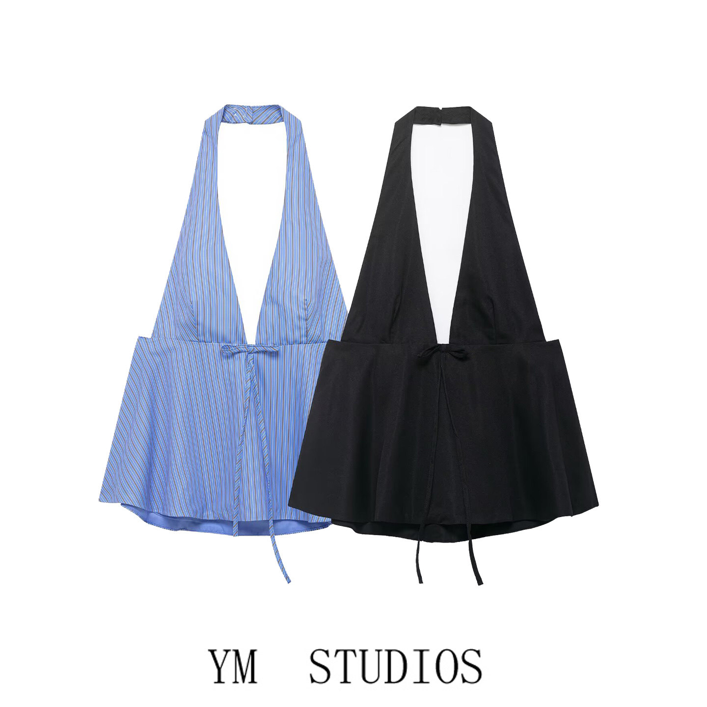 欧美风挂脖大露背V领蝴蝶结背心