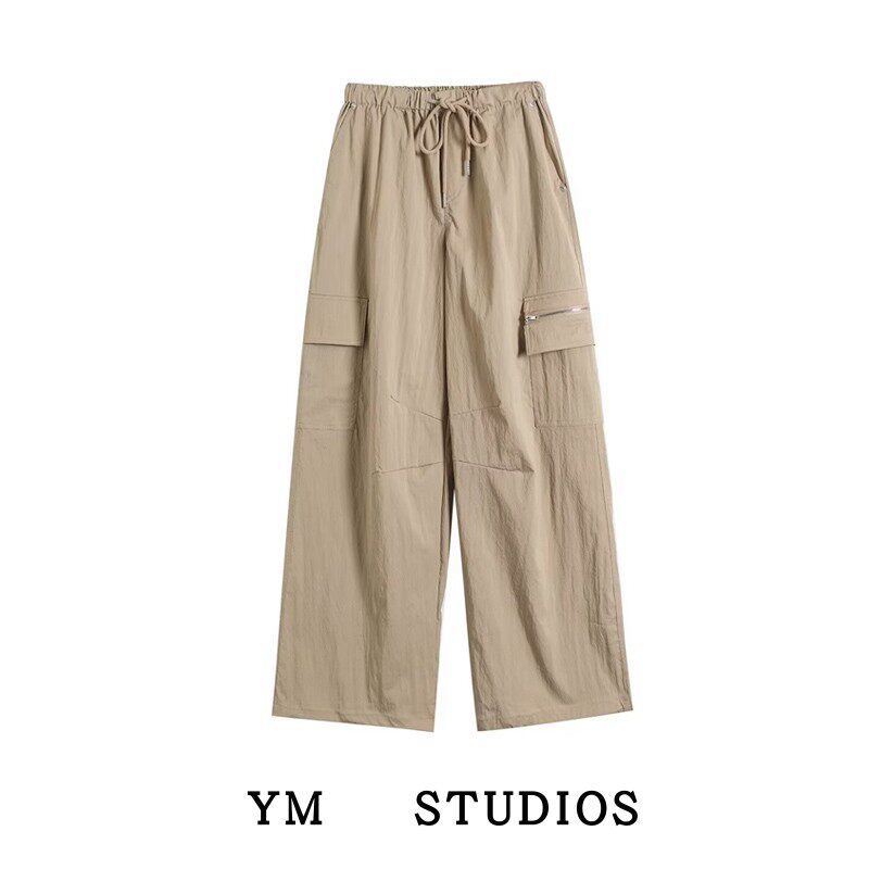 【包邮】美式抽绳系带水洗口袋工装裤女松紧腰嘻哈宽松直筒阔腿裤