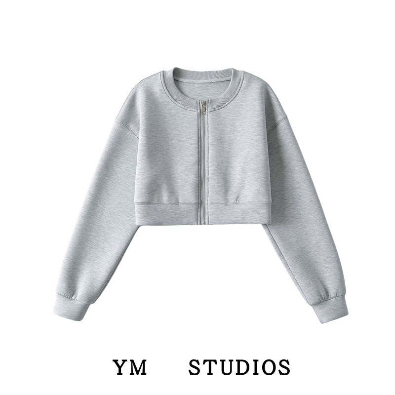 圆领露腰太空层开衫卫衣