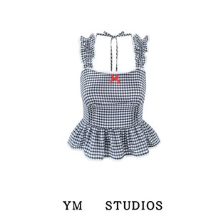 【包邮】甜美制服风蕾丝拼接格子木耳边背心女夏日收腰外穿吊带衫