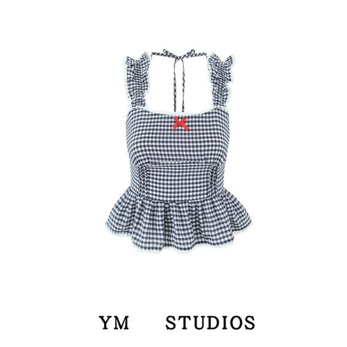 蕾丝拼接格子木耳边背心女