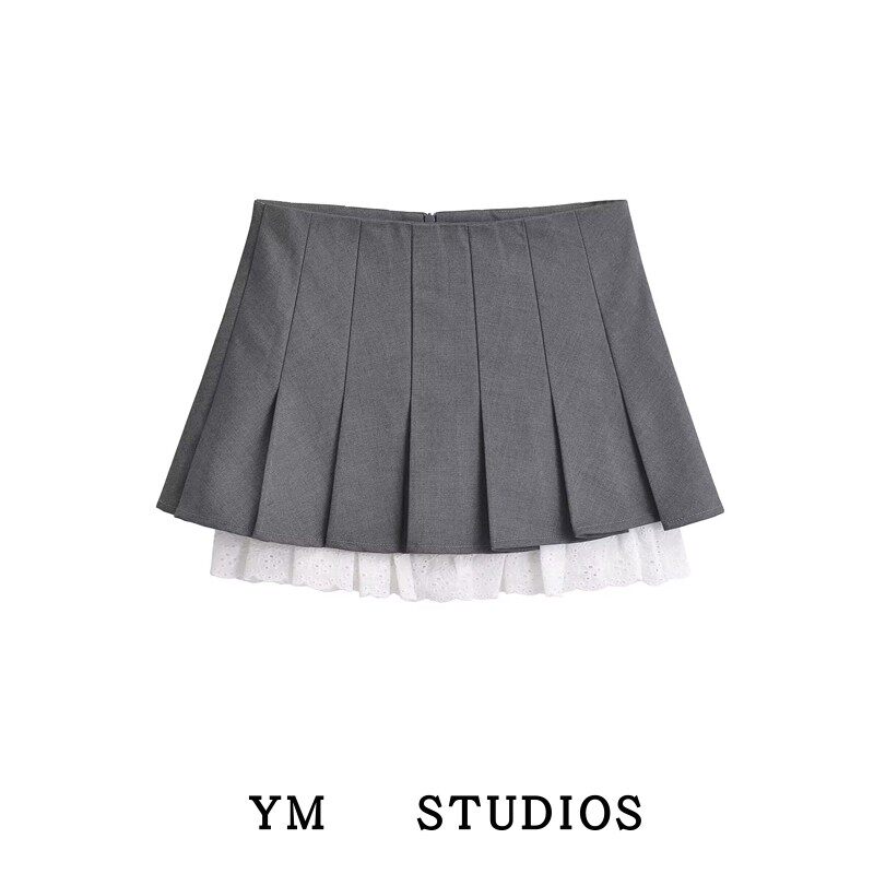 【包邮】学院风白色蕾丝拼接百褶裙灰色内含防走光高腰网球半身裙