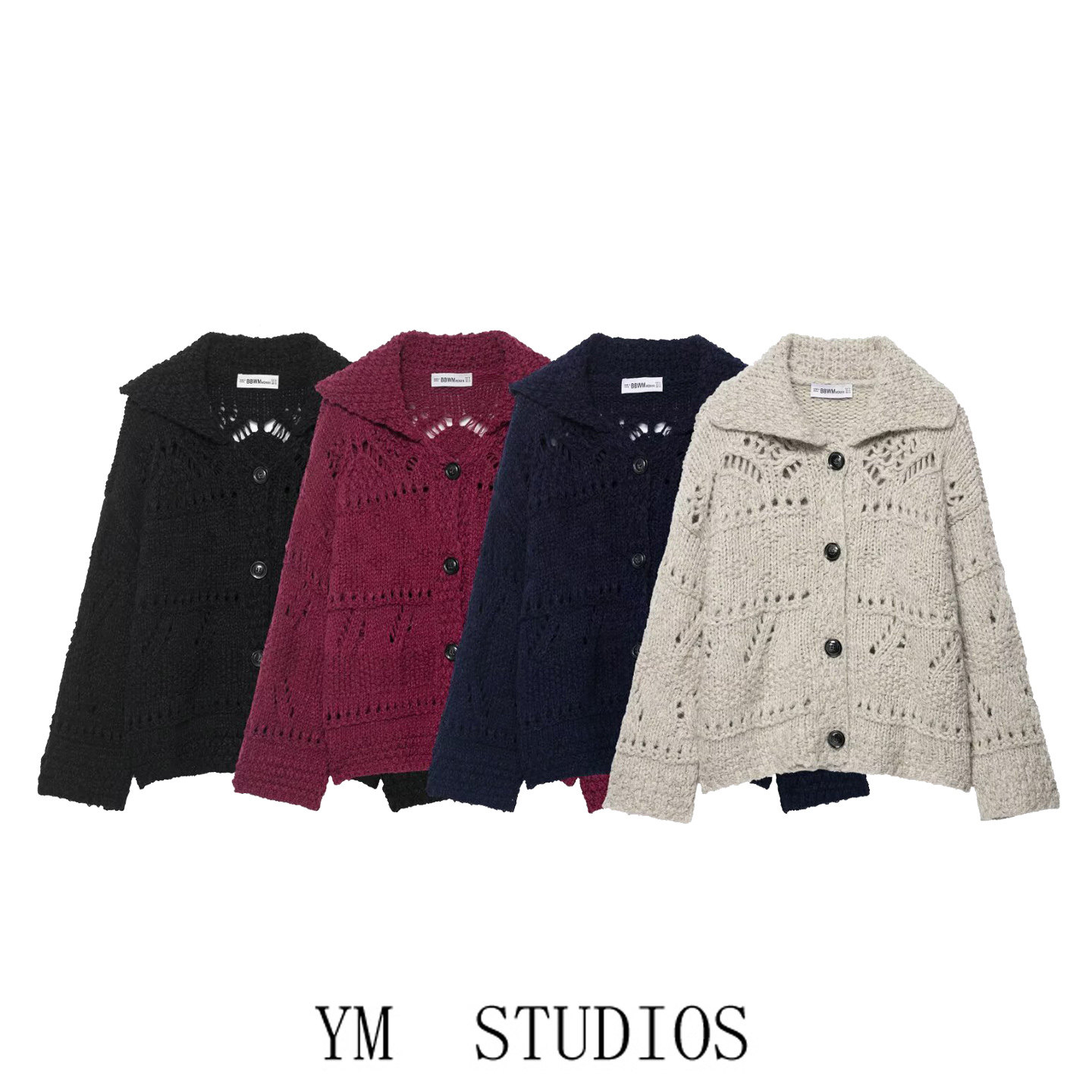 欧美女装   慵懒风粗针镂空针织开衫女翻领宽松外搭休闲毛衣外套