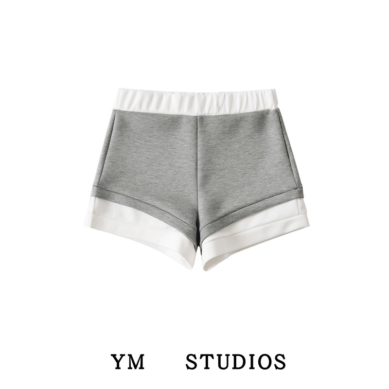 复古撞色拼接假两件休闲短裤