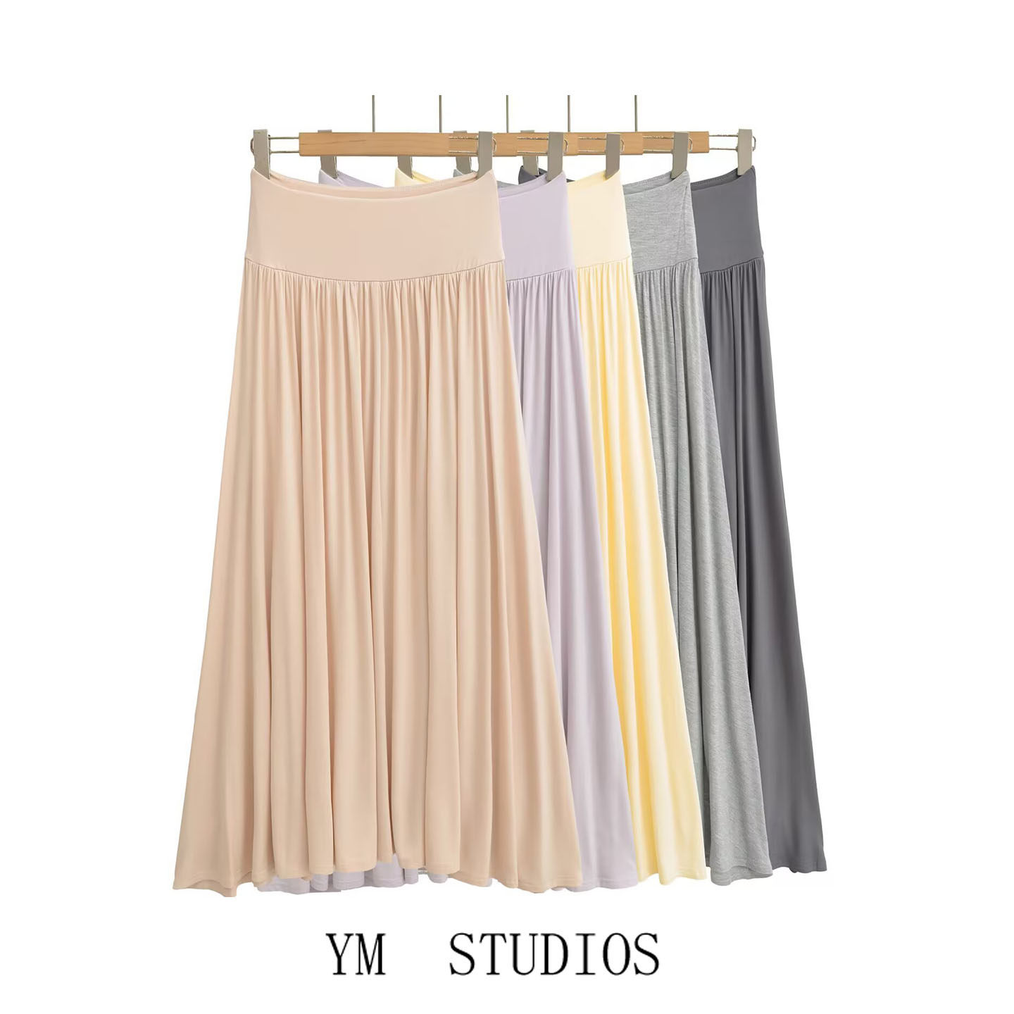 欧美女装  温柔慵懒风高腰纯色人棉半身裙垂感长款高级感百褶裙子