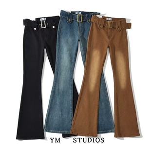 港式ins春秋新款高腰系带复古辣妹牛仔裤水洗休闲裤喇叭裤女长裤