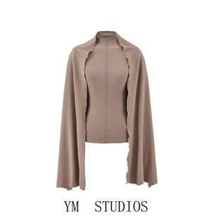 欧美女装 温婉风绒面质感半高领上衣+外穿开衫披肩两件套套装