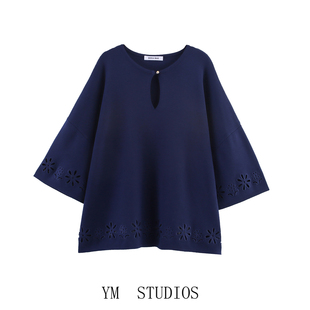 居家罩衫 宽松针织衫 潮 优雅藏蓝色圆领镂空刺绣七分袖 欧美女装