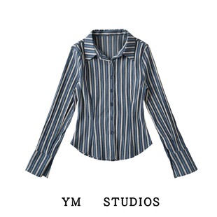 包邮 长袖 复古学院风收腰条纹衬衫 小众学姐款 衬衣ins潮 女法式