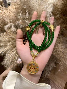 新中式国风祖母绿圆珠罗盘项链多圈手链金色配件如意手串毛衣链女