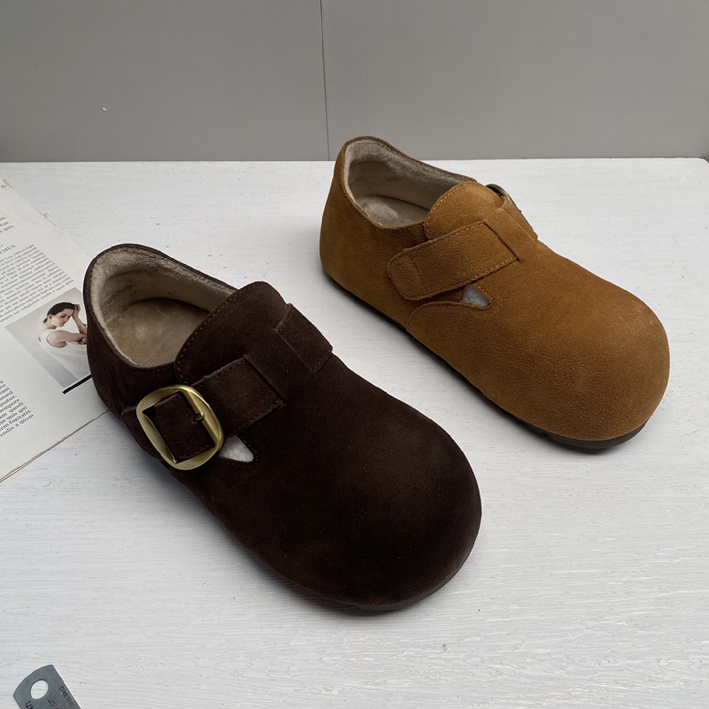 真皮勃肯鞋磨砂皮平底鞋2025新款断码处理女鞋舒适休闲加绒棉鞋