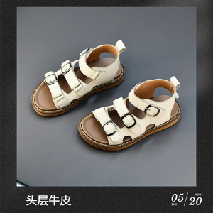 贝然女童罗马公主凉鞋真皮夏季休闲沙滩鞋中筒软底防水2022新款
