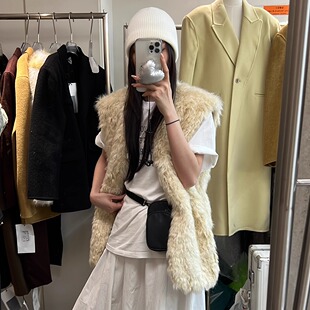 笑笑家 INchoose u韩版时尚百搭V领无袖马甲女宽松显瘦毛毛外套