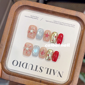 新年烟花撞色穿戴甲短款 甜美星星格纹显白美甲可拆卸成品美甲贴片