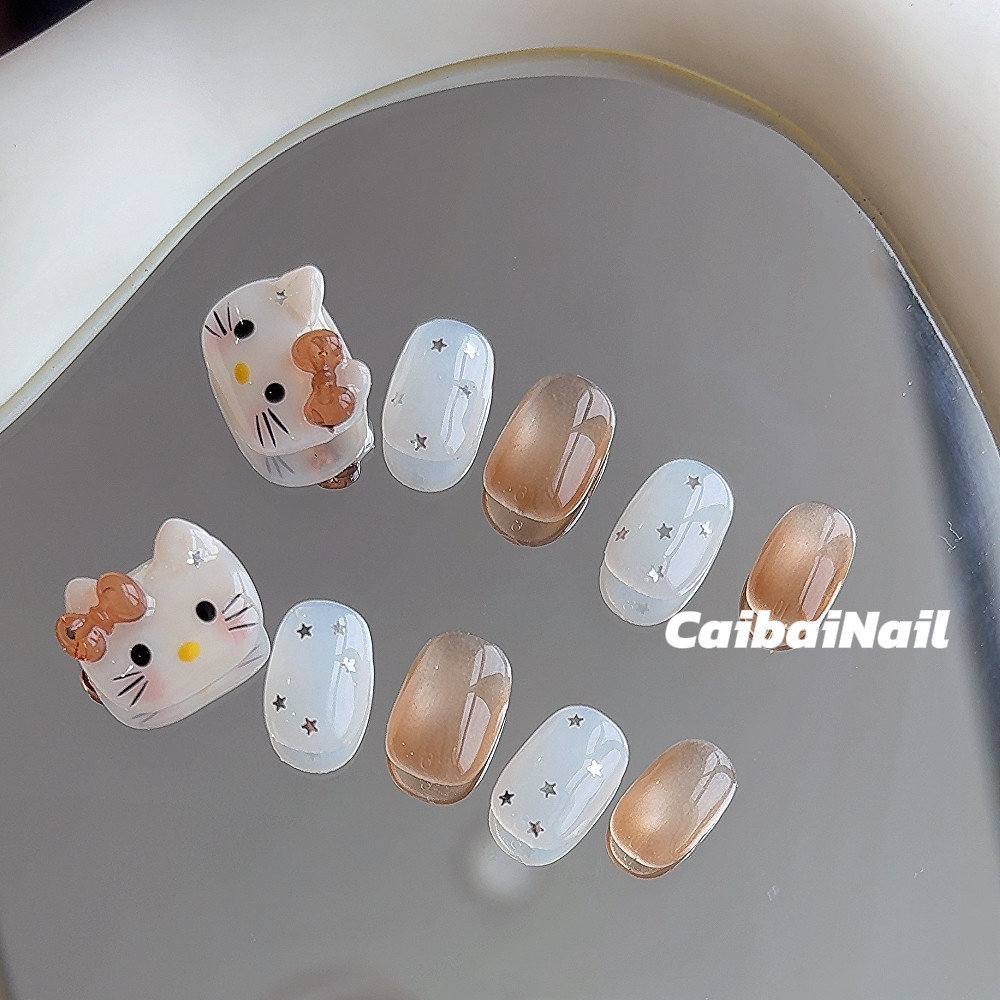 纯手工冰透【美拉德kitty】短款穿戴甲浮雕耳朵彩绘玻璃猫眼少女,彩妆/香水/美妆工具,穿戴甲/甲片,淘宝优惠券,粉丝福利购,淘宝优惠卷