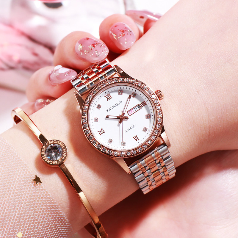 卡诗顿正品防水女士手表品牌夜光轻奢精钢带气质双日历石英款休闲