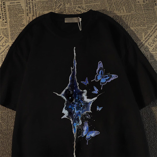 美式 宽松百搭高街街头风vintage上衣 复古蝴蝶短袖 t恤男女2025夏季