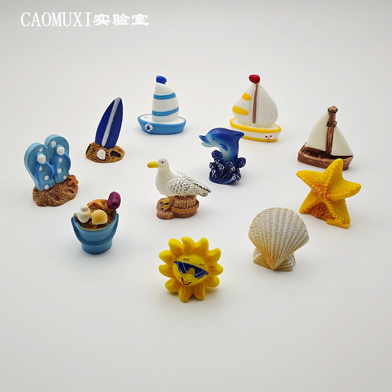 微缩小号沙滩系列冲浪板海贝海豚帆船沙滩桶树脂模型微景观小摆件