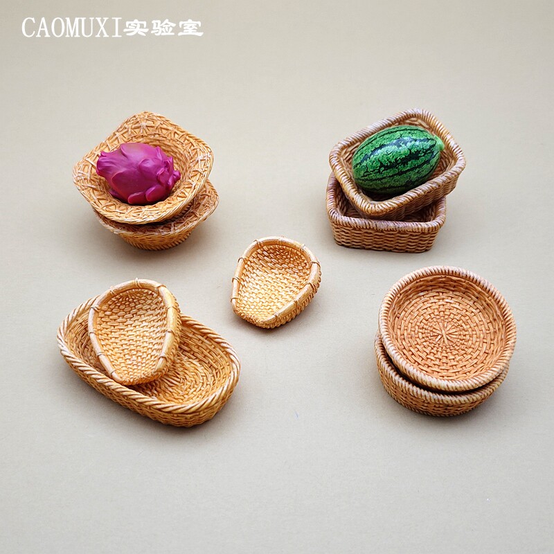 创意仿真竹编篮子树脂藤编筐果盘模型DIY装饰造景 微缩桌面小摆件