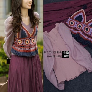 春色寄情人周雨彤庄洁同款紫色连衣裙钩花吊带背心泡泡袖收折长裙