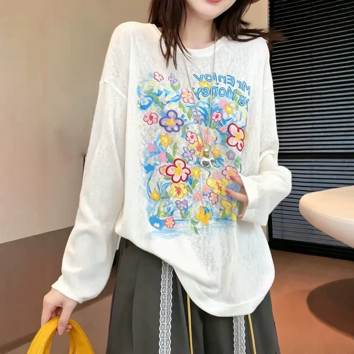 莱赛尔天丝印花防晒罩衫女夏季新款宽松长袖韩系微透慵懒风T恤女