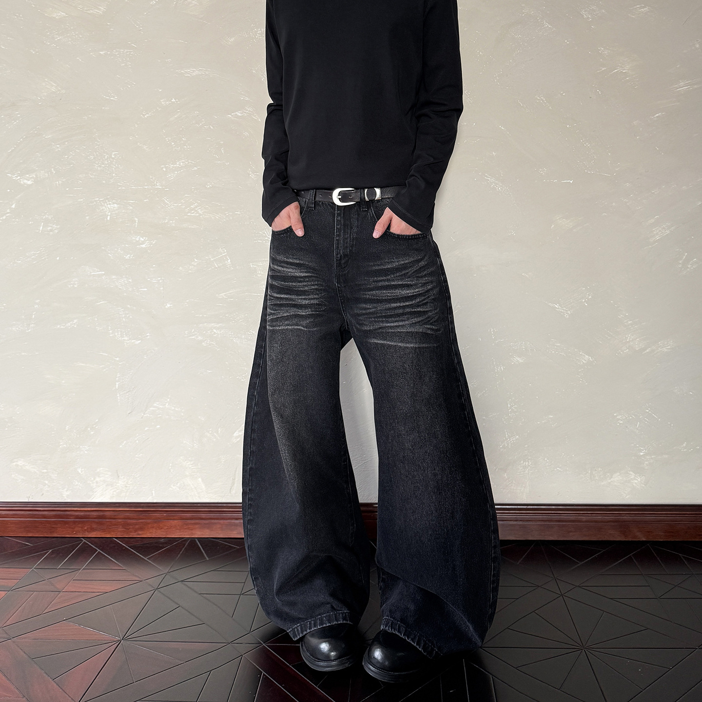 美式复古猫须折痕做旧弯刀牛仔裤春秋新款cleanfit直筒微喇长裤子