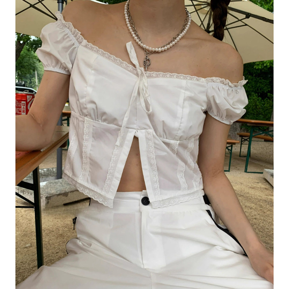 欧美气质高级感甜酷辣妹小众泡泡袖系带花边设计短袖短款衬衫上衣