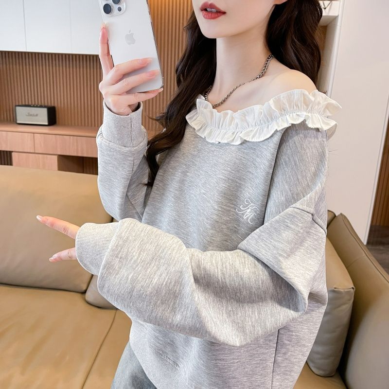 灰色斜肩立体花朵拼接卫衣女装秋冬季宽松套头设计感小众上衣外穿