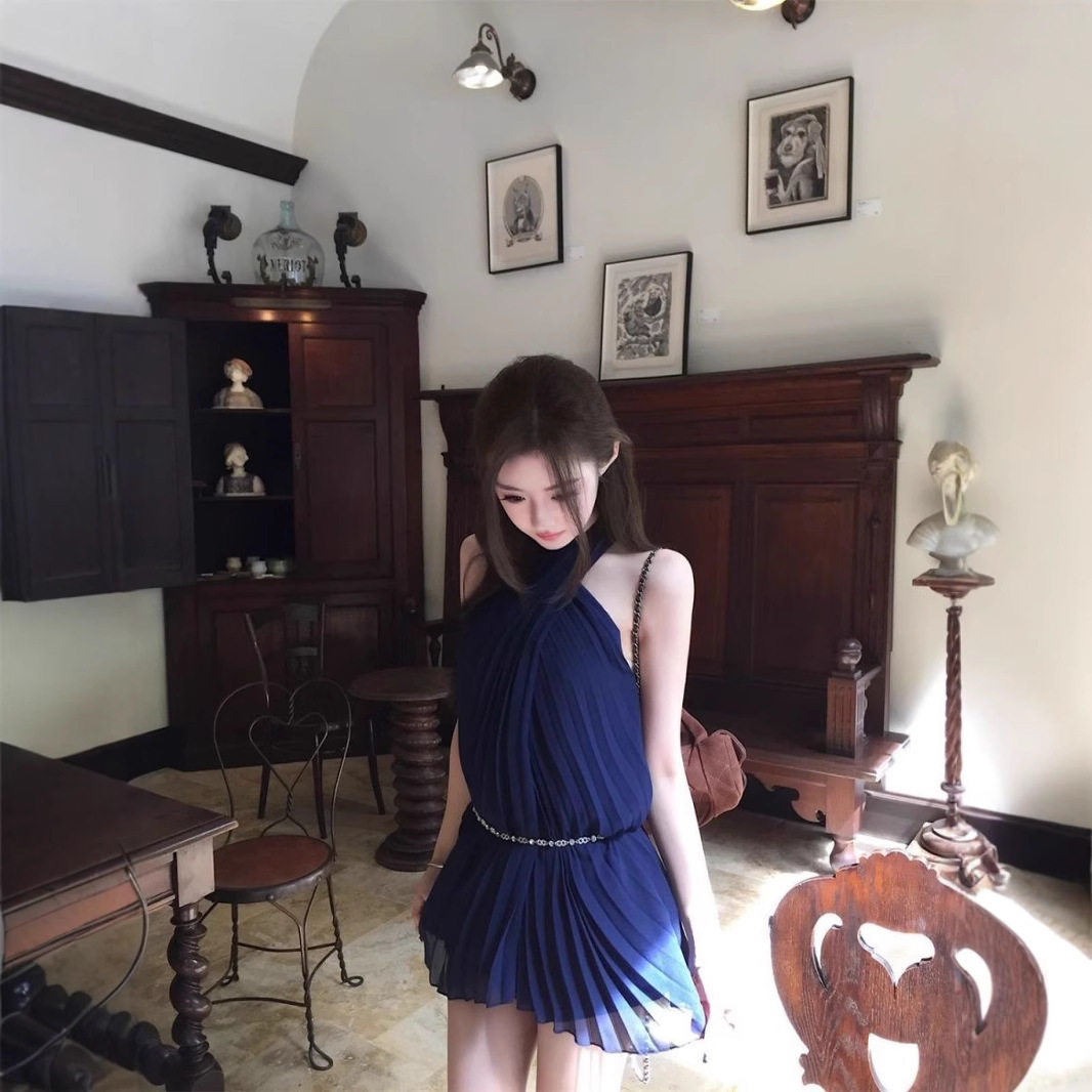 古早韩味挂脖连衣裙女装蓝色裙礼服褶皱连身裙纯欲风性感收腰裙子
