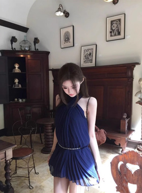 古早韩味挂脖连衣裙女装蓝色裙礼服褶皱连身裙纯欲风性感收腰裙子